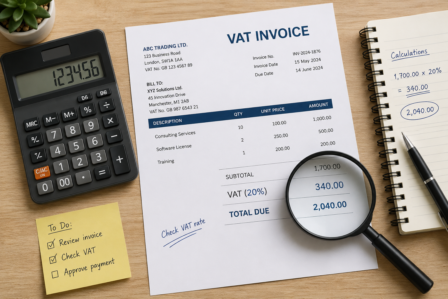 Calculator and VAT invoice on a desk representing a business working out its VAT Flat Rate Scheme percentage