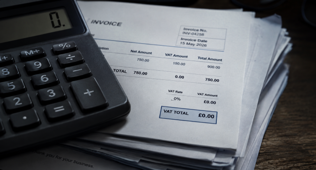 Calculator resting on construction invoices with one invoice showing a zero VAT total under reverse charge VAT rules