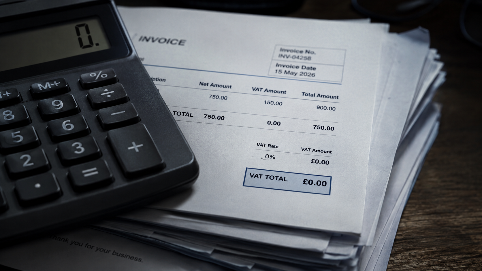 Calculator resting on construction invoices with one invoice showing a zero VAT total under reverse charge VAT rules