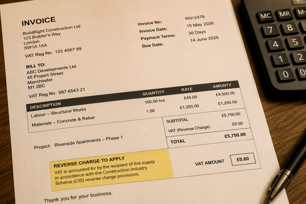 Construction invoice showing zero VAT charged with reverse charge wording underneath the total