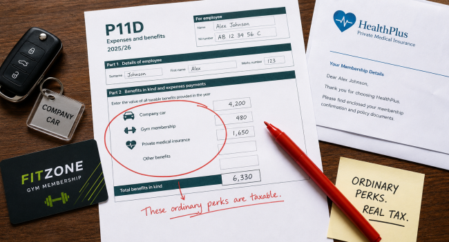 P11D form on a desk surrounded by company car keys, a gym card and a medical insurance letter, representing common benefits in kind.