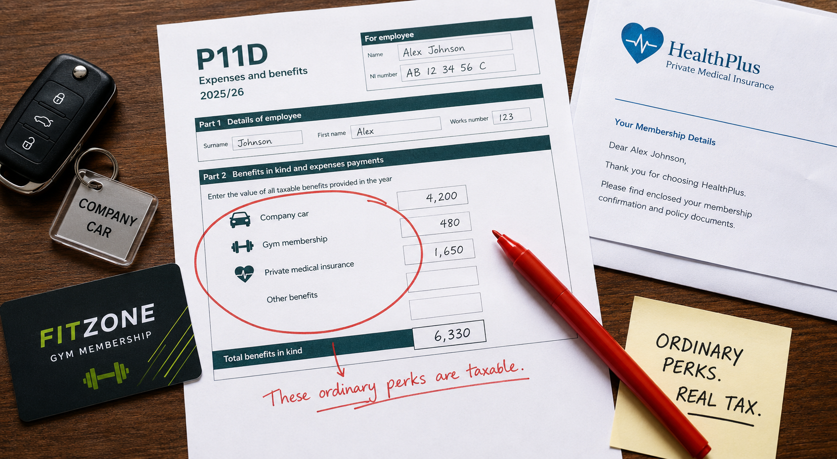 P11D form on a desk surrounded by company car keys, a gym card and a medical insurance letter, representing common benefits in kind.