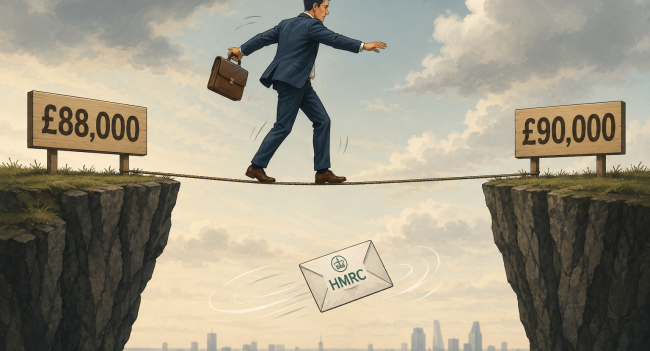 Illustration of a business owner balancing on a tightrope between the £88,000 and £90,000 VAT thresholds, representing the UK VAT registration decision point.