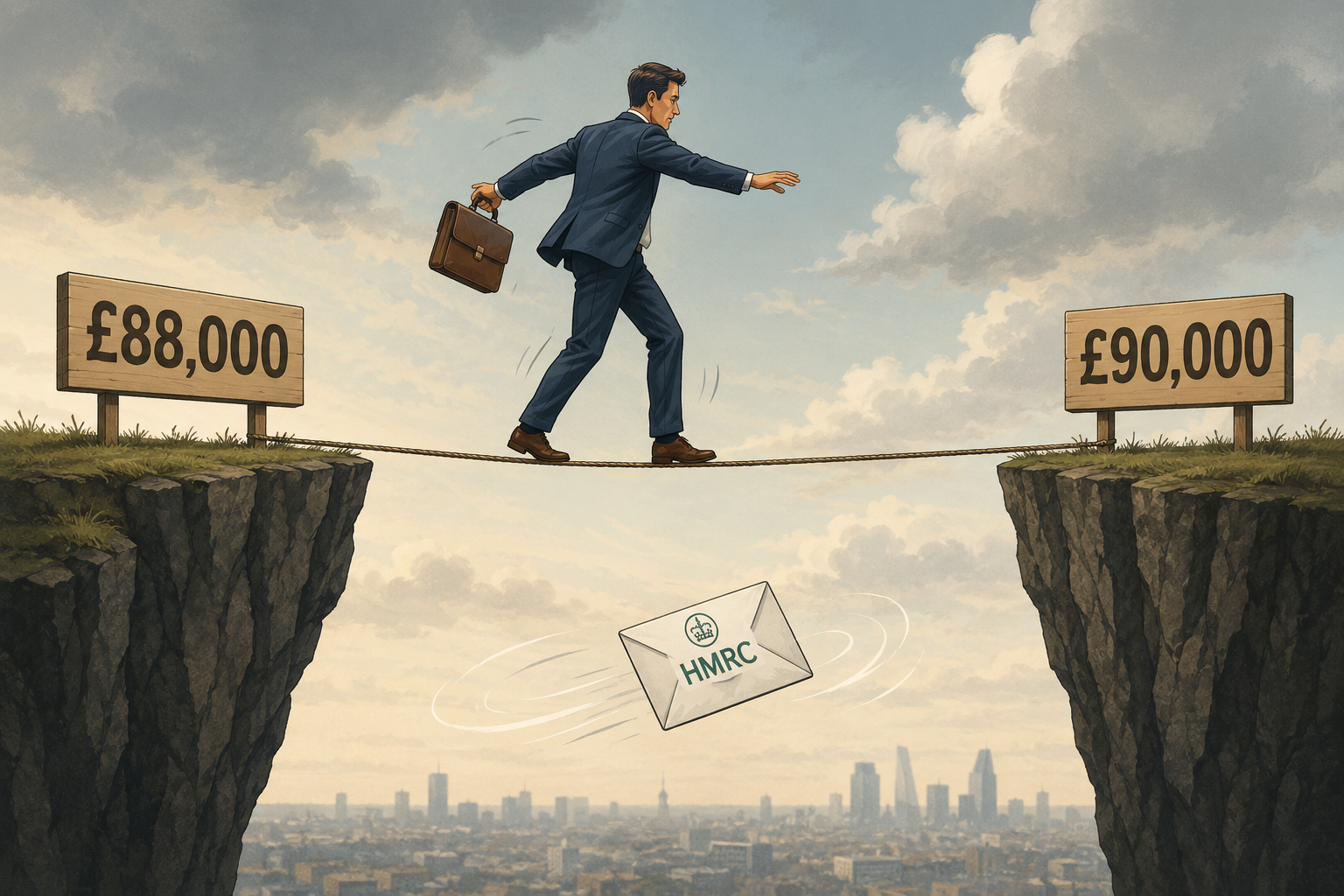 Illustration of a business owner balancing on a tightrope between the £88,000 and £90,000 VAT thresholds, representing the UK VAT registration decision point.