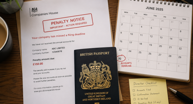 UK director's desk showing Companies House filing deadline calendar, penalty notice and passport for identity verification