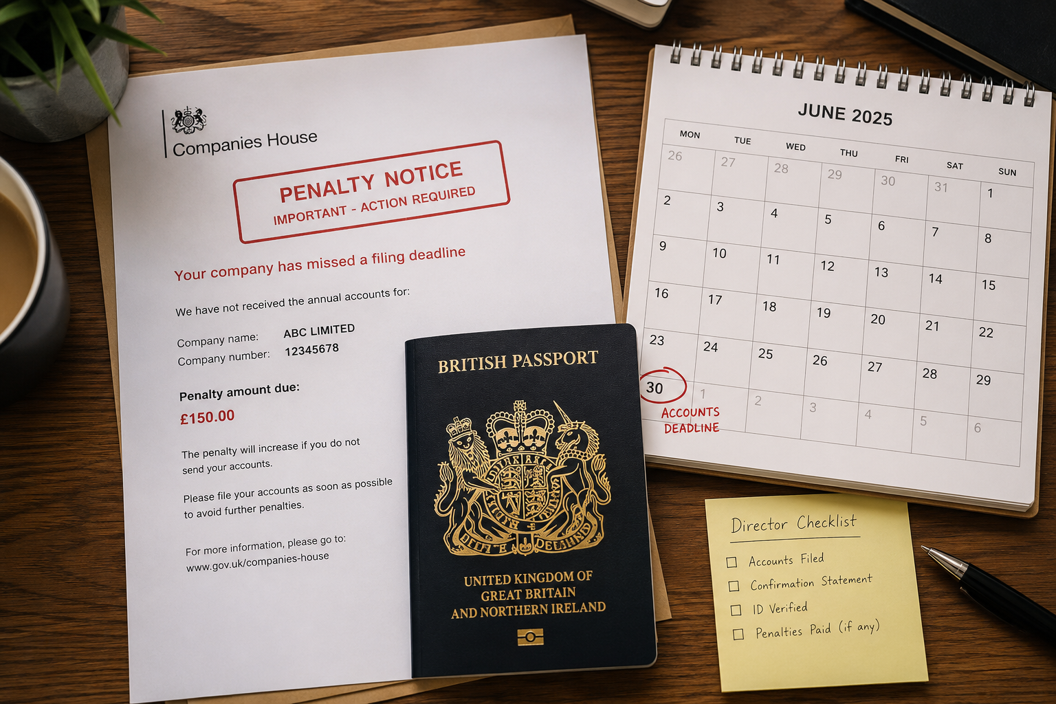 UK director's desk showing Companies House filing deadline calendar, penalty notice and passport for identity verification