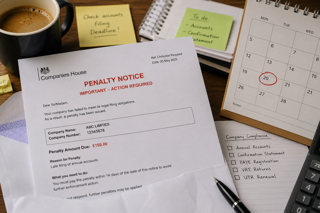 Companies House late filing penalty letter on a desk beside a calendar with a deadline circled in red