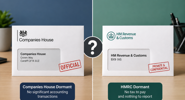 Illustration comparing Companies House and HMRC dormant company rules side by side