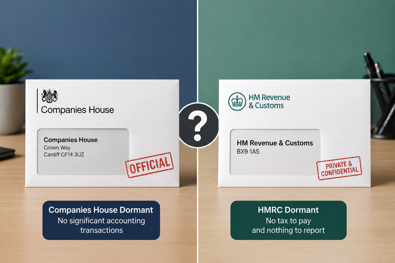 Illustration comparing Companies House and HMRC dormant company rules side by side