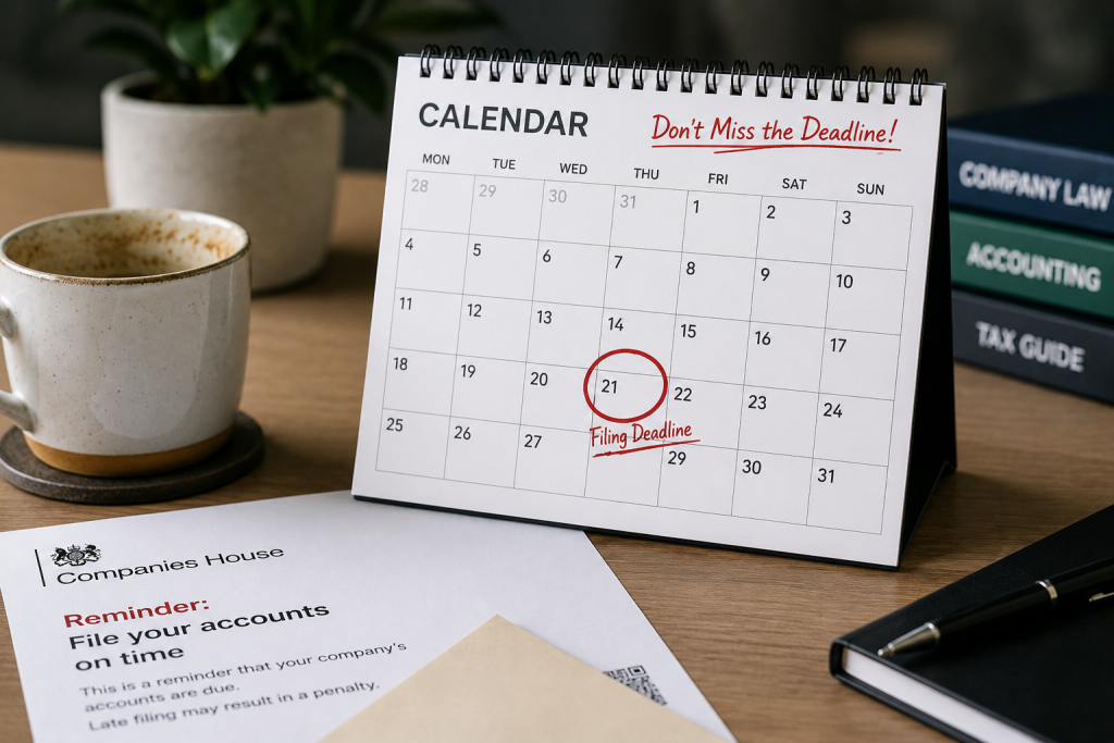 Calendar showing the nine-month deadline for filing dormant company accounts in the UK