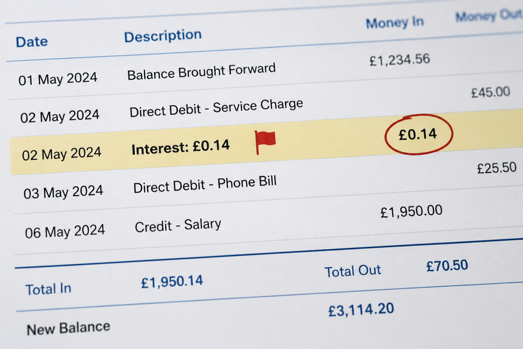Bank statement showing small interest payment that can end dormant company status