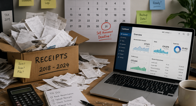 Box of paper receipts next to a laptop showing cloud accounting software, illustrating how long to keep accounting records