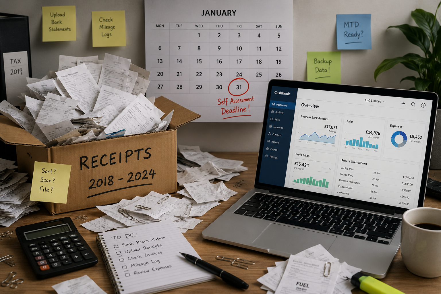 Box of paper receipts next to a laptop showing cloud accounting software, illustrating how long to keep accounting records