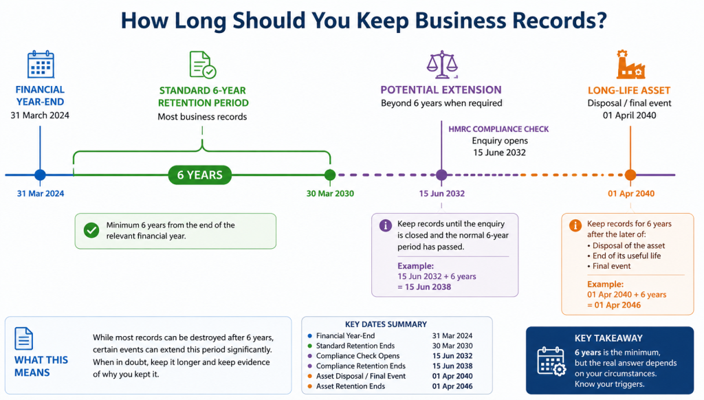 Timeline graphic showing standard six-year accounting records retention period extending further under HMRC compliance checks