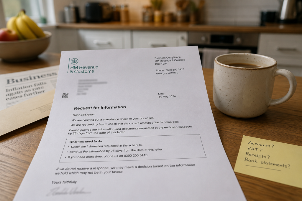 Formal HMRC-style letter on a kitchen table representing the consequences of missing accounting records during a tax enquiry