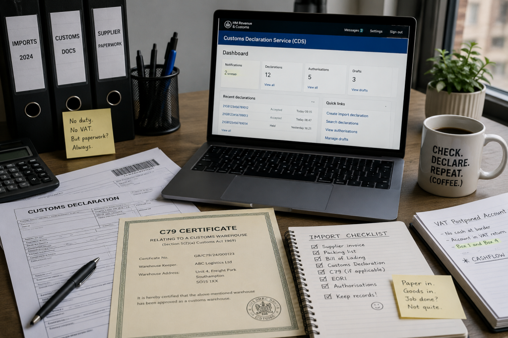 Accountant reviewing customs declarations and a C79 certificate for import VAT reconciliation