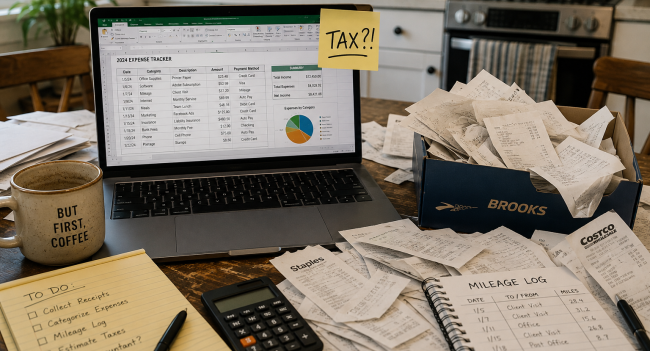 Sole trader doing tax return at home with receipts and laptop