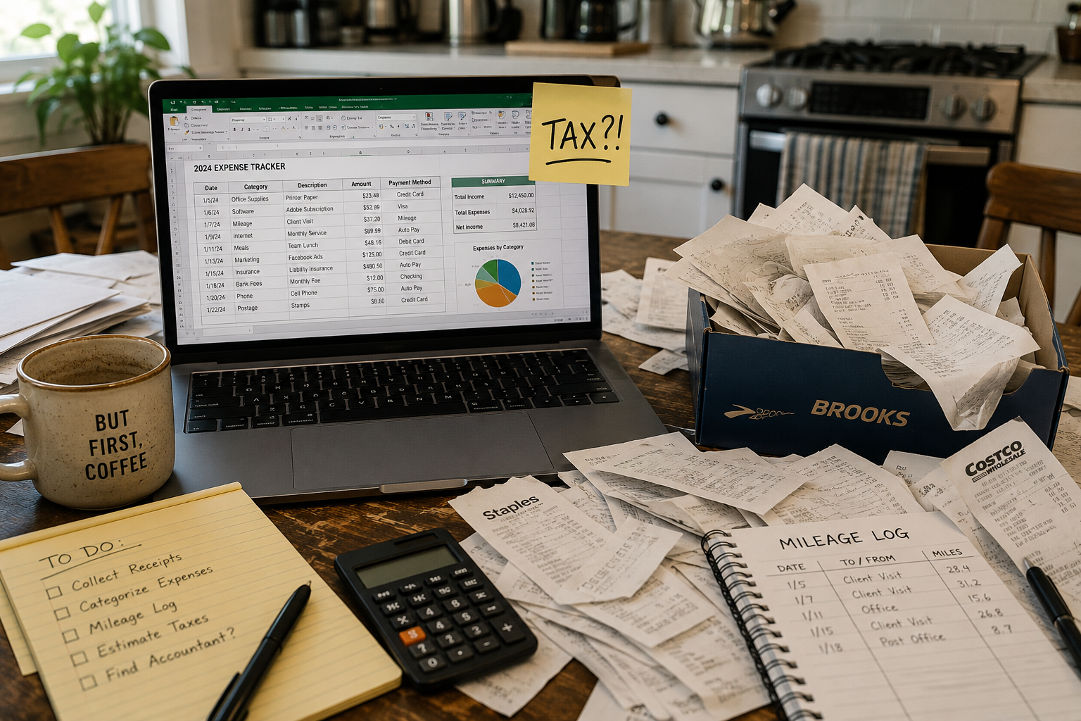 Sole trader doing tax return at home with receipts and laptop