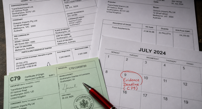 Export shipping documents and calendar used to track the three-month VAT evidence deadline