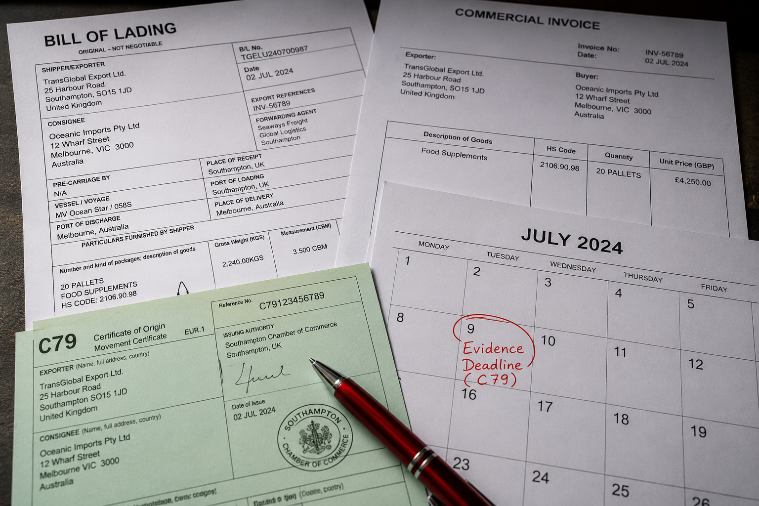 Export shipping documents and calendar used to track the three-month VAT evidence deadline