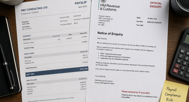 Payslip next to an HMRC letter symbolising the difference between routine payroll and director tax compliance risk