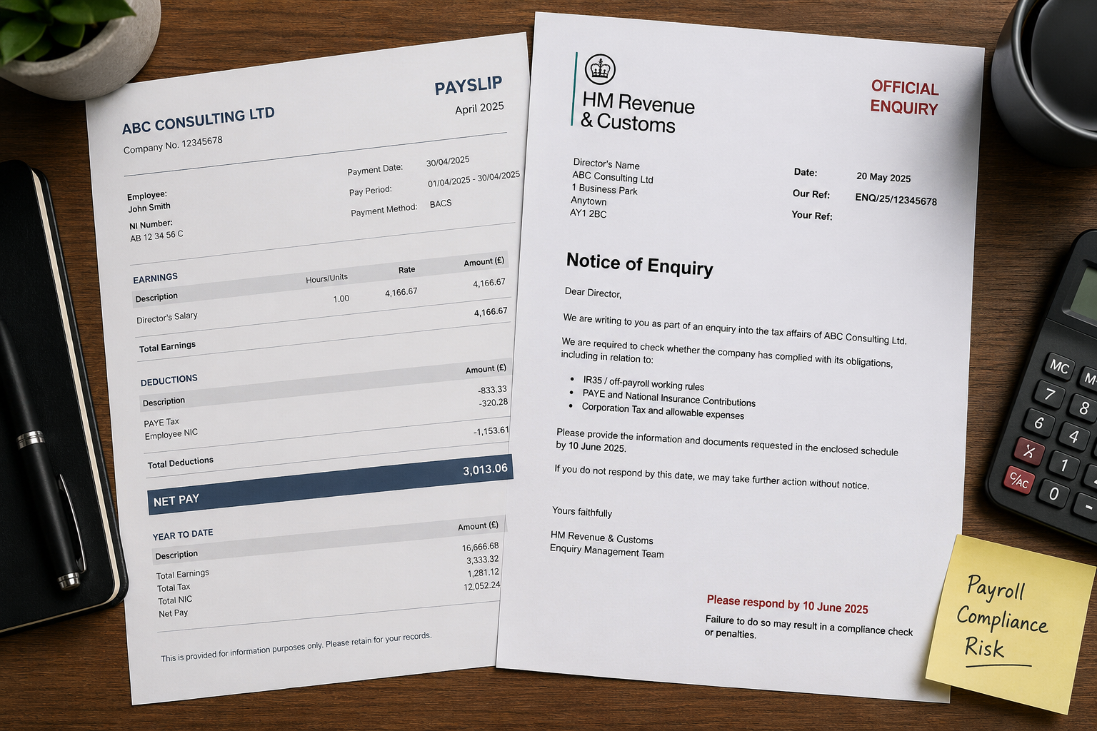 Payslip next to an HMRC letter symbolising the difference between routine payroll and director tax compliance risk