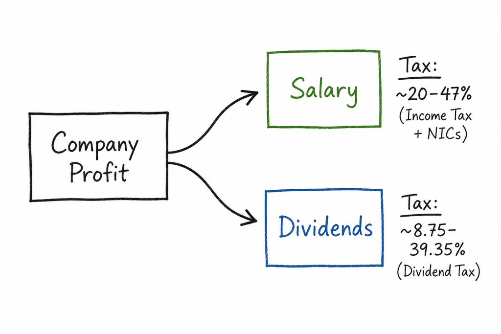 Diagram showing how director salary and dividends are split and taxed differently