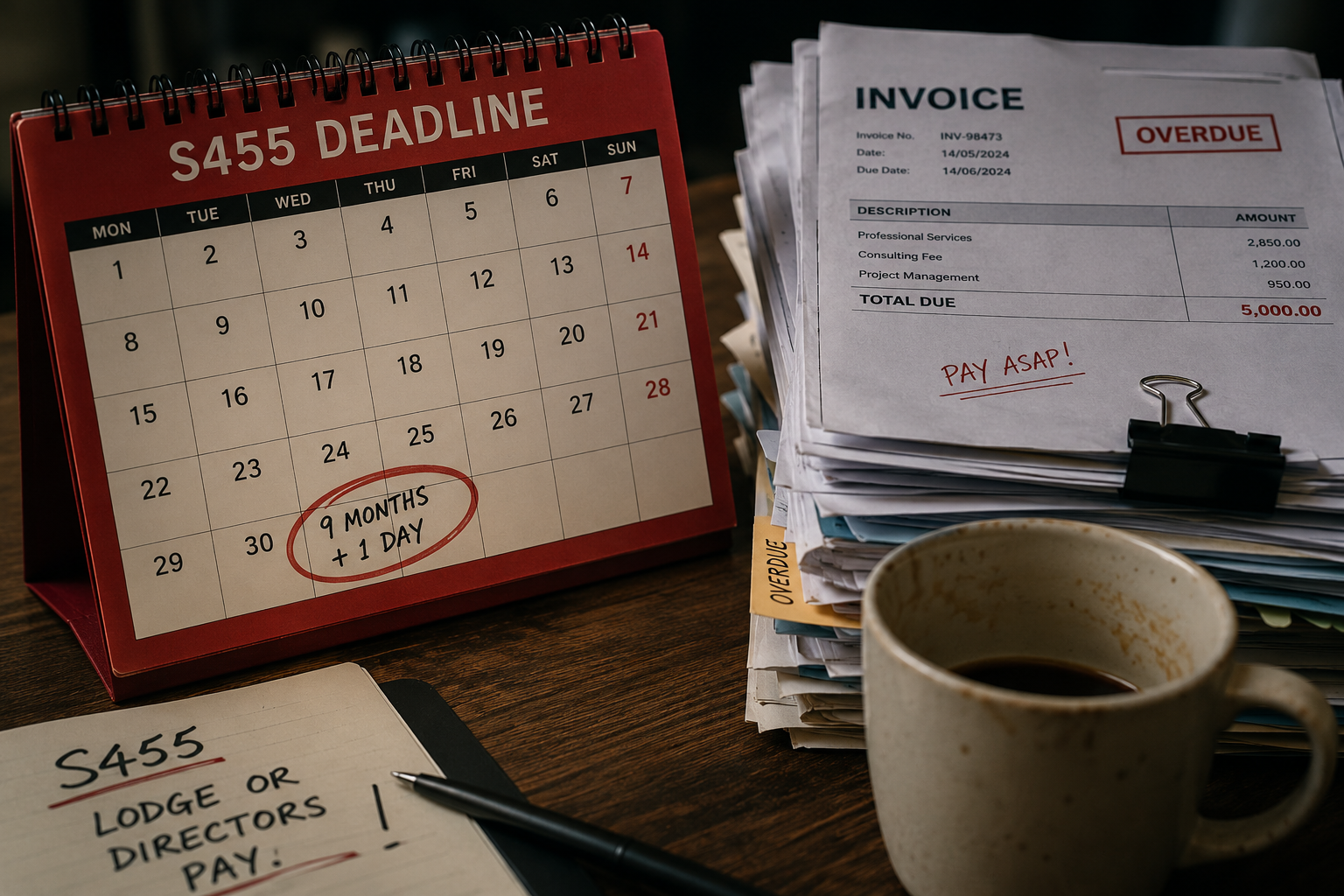 Desk calendar marking the nine month deadline for repaying an overdrawn director's loan account