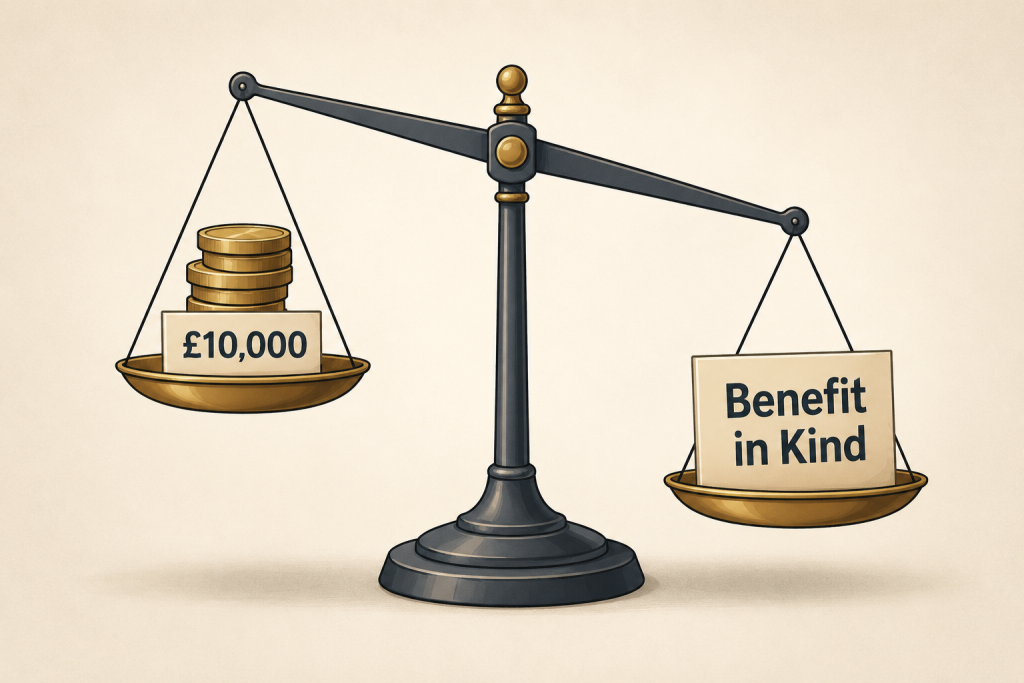 Illustration showing the £10,000 threshold that triggers a benefit in kind charge on a director's loan.