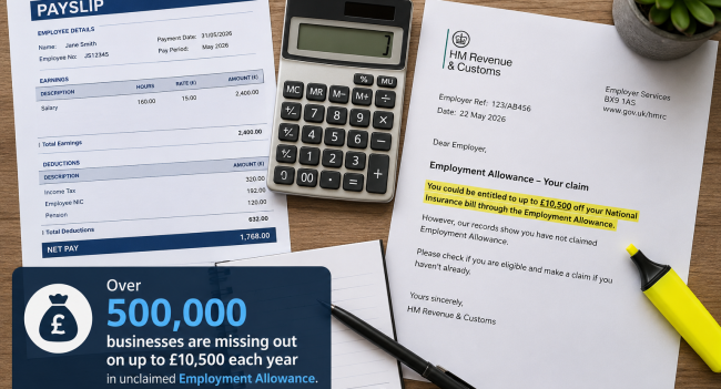 Flat-lay of UK payslip, calculator and HMRC letter illustrating unclaimed small business tax relief.
