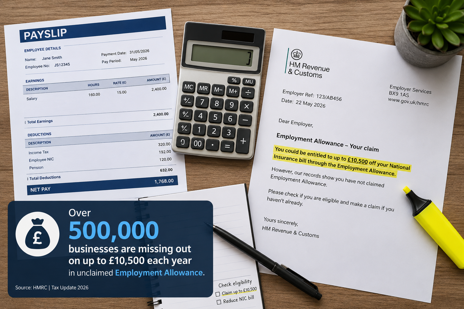 Flat-lay of UK payslip, calculator and HMRC letter illustrating unclaimed small business tax relief.