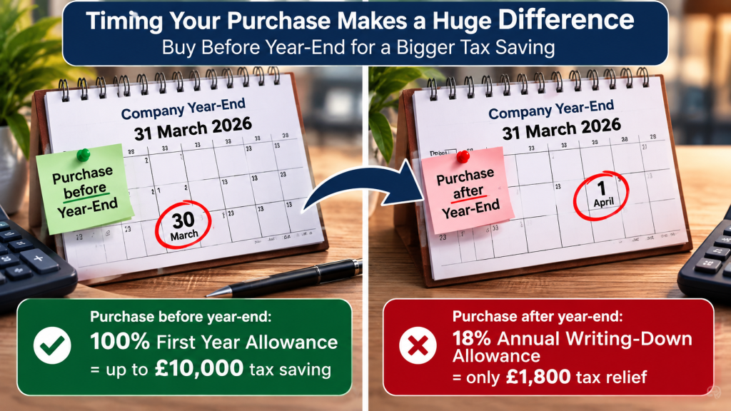 Calendar graphic comparing tax relief outcomes for equipment bought before versus after a company year-end.