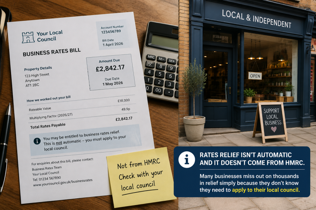 UK business rates bill beside a small shopfront, showing how rates relief often goes unclaimed.