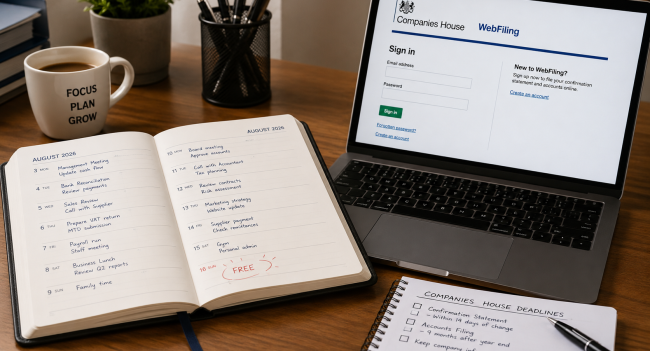 A UK company director's desk with a diary and laptop open on the Companies House WebFiling confirmation statement login page.