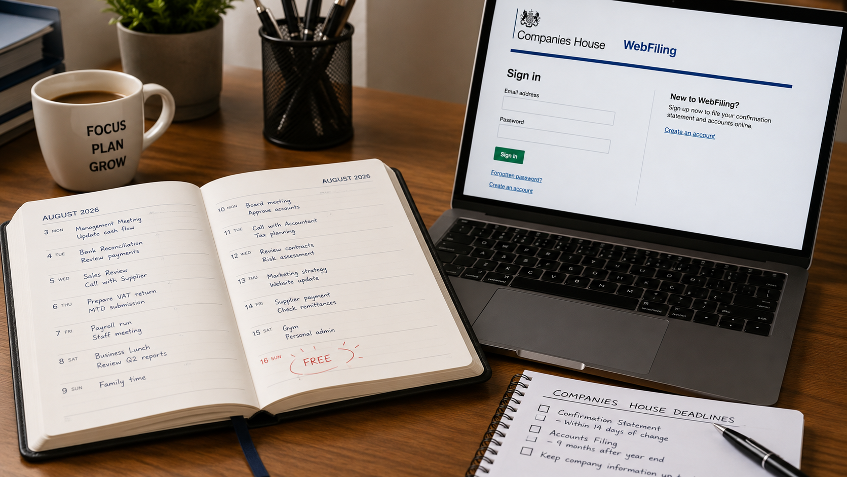 A UK company director's desk with a diary and laptop open on the Companies House WebFiling confirmation statement login page.