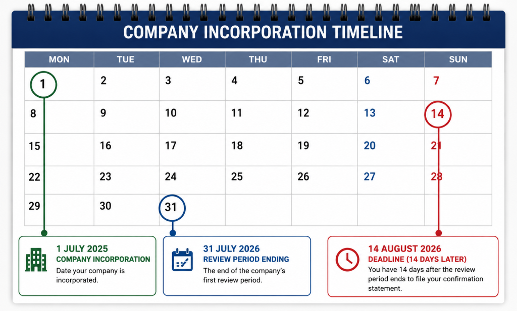 Calendar graphic showing a company's 12-month confirmation statement review period ending and the 14-day filing deadline that follows.