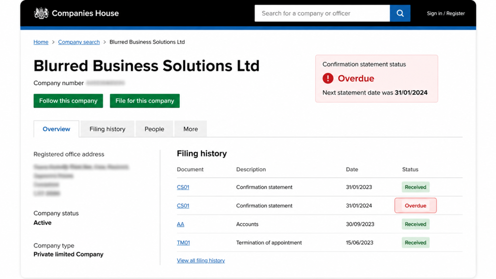 Mock Companies House register profile showing an overdue confirmation statement status visible to the public.
