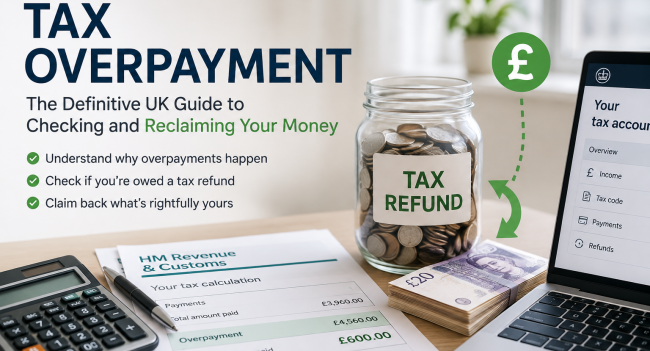UK tax overpayment refund guide cover showing HMRC tax calculation, coins jar labeled 'Tax Refund,' £20 notes, calculator, and tax account laptop dashboard