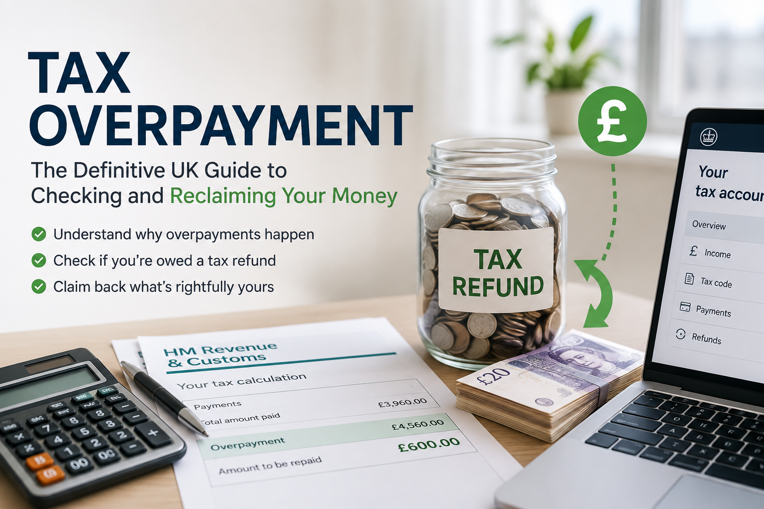 UK tax overpayment refund guide cover showing HMRC tax calculation, coins jar labeled 'Tax Refund,' £20 notes, calculator, and tax account laptop dashboard