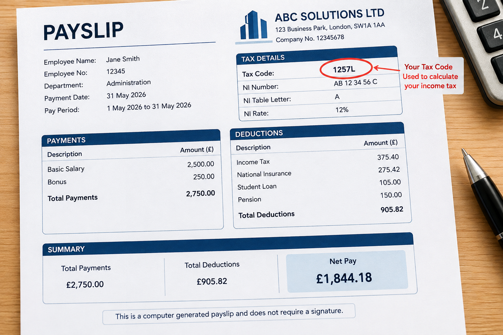 Example UK payslip with tax code highlighted for overpayment check