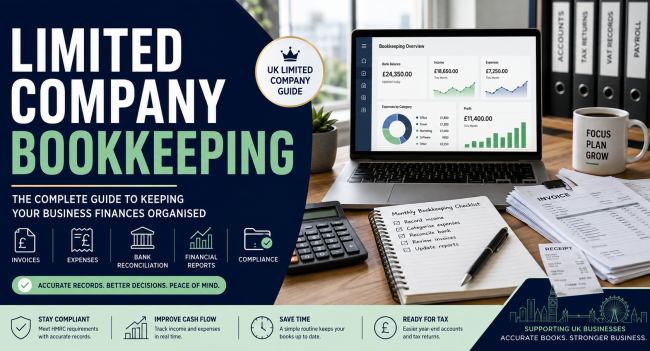 Limited company bookkeeping guide featuring accounting dashboard, invoices, expenses, bank reconciliation and financial records for UK businesses