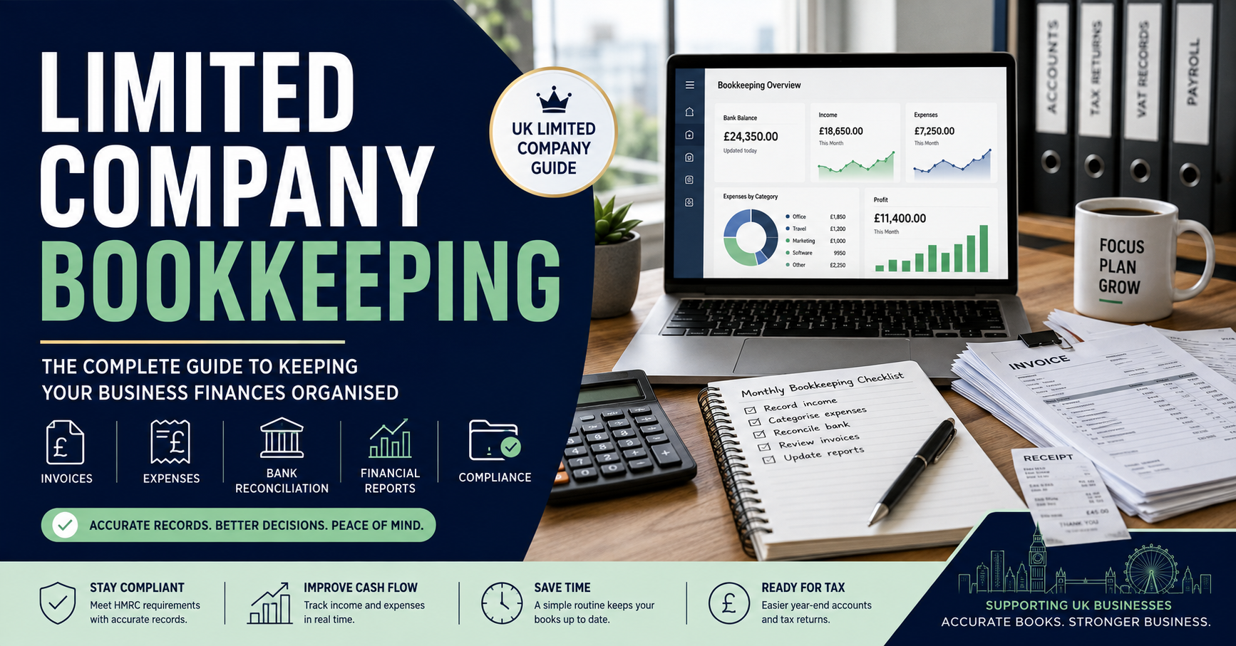 Limited company bookkeeping guide featuring accounting dashboard, invoices, expenses, bank reconciliation and financial records for UK businesses