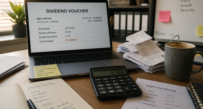 Company director's desk with laptop, dividend voucher and cold coffee representing tax efficiency planning