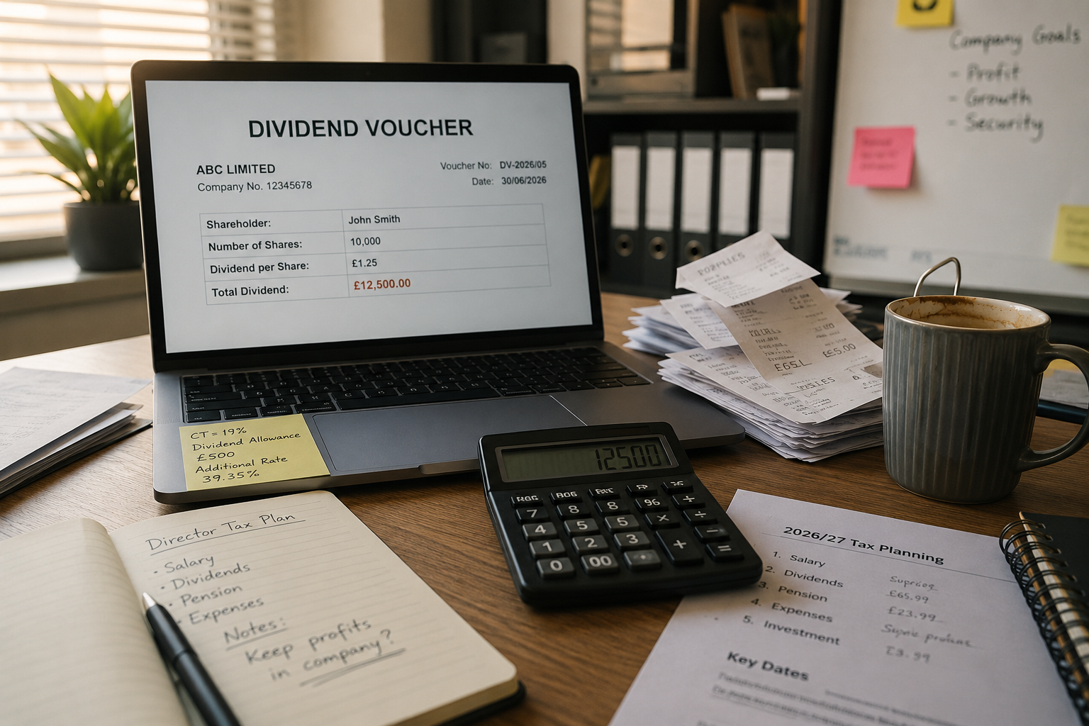Company director's desk with laptop, dividend voucher and cold coffee representing tax efficiency planning
