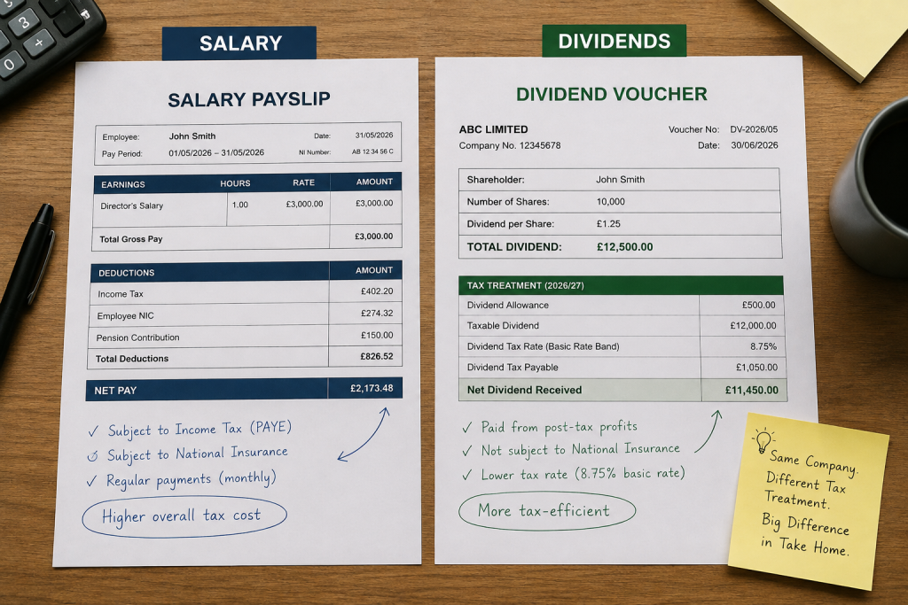 Salary payslip and dividend voucher compared side by side for UK director tax efficiency