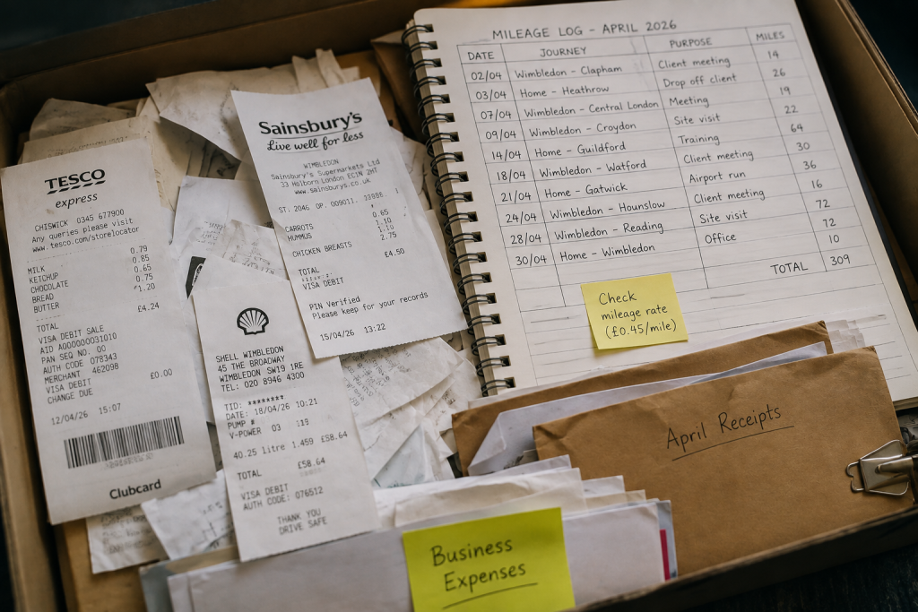 Drawer of business receipts and mileage logs for claiming limited company expenses
