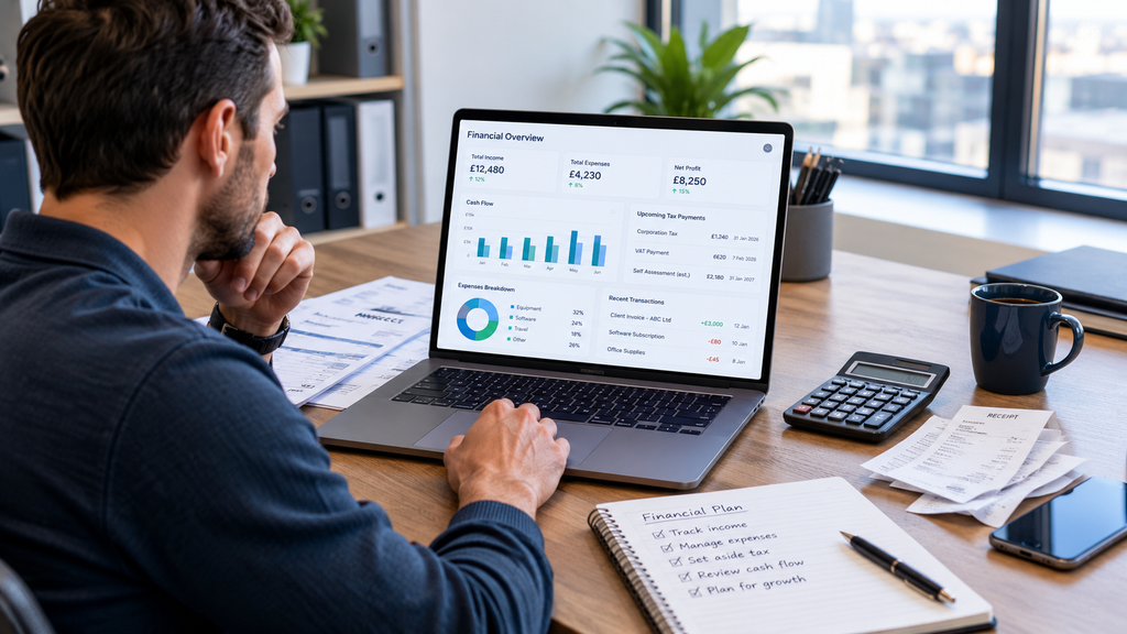 UK contractor reviewing income, expenses, cash flow and tax information