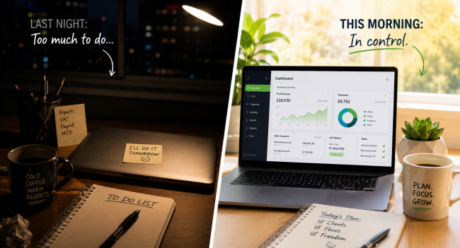 Before and after image showing stressed late-night bookkeeping versus a calm morning with an outsourced finance department dashboard.