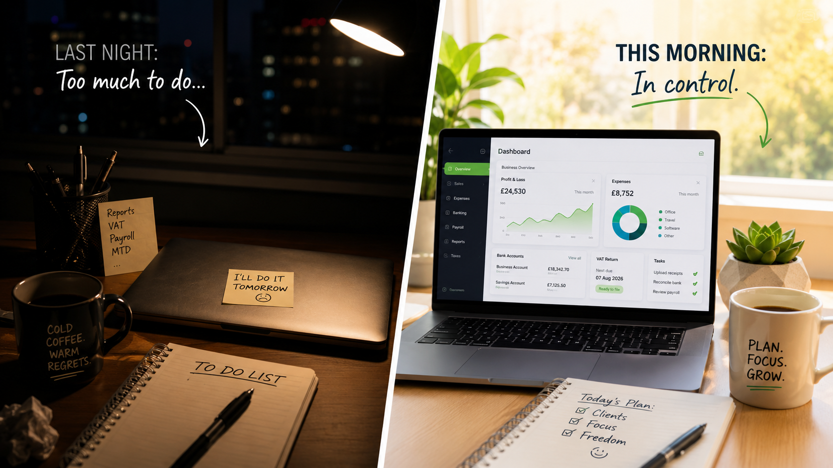 Before and after image showing stressed late-night bookkeeping versus a calm morning with an outsourced finance department dashboard.