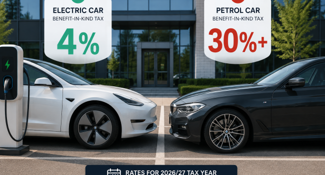 Electric car and petrol car parked side by side with UK company car tax percentage badges highlighting the tax difference.